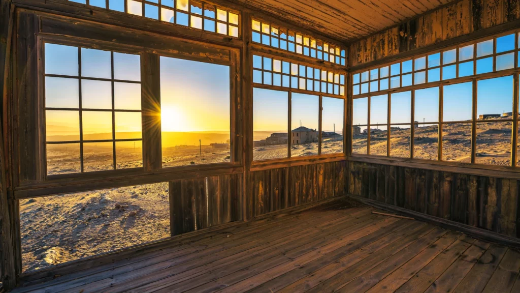 Ein verlassener Raum in Kolmanskop, Namibia, mit Blick durch Fenster auf die untergehende Sonne über der kargen Landschaft. Die Spuren der Zeit zeugen von der Geschichte dieser Geisterstadt.